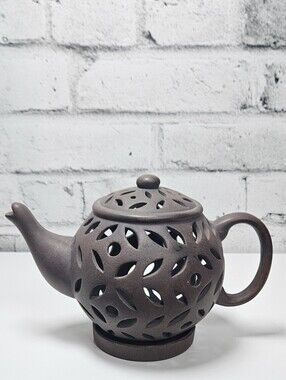 Vintage Pierced Ceramic Teapot Candle Holder Tealight Warmer Brown